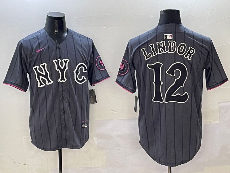 Men New York Mets 12 Lindor Black City Edition 2025 Nike MLB Jersey style 1